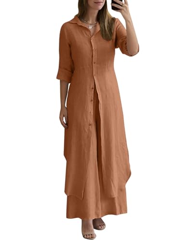 shownicer Leinenanzug Damen Zweiteiler Leinen Outfit Elegant Freizeitanzug Hose Und Langarmshirts Lounge Set 2 Teiler Anzug Set Casual Hausanzug A Braun M von shownicer