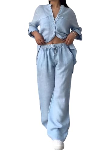 shownicer Leinenanzug Damen Zweiteiler Leinen Outfit Lounge Set Hose Und Langarmshirts 2 Teiler Anzug Set Elegant Freizeitanzug Casual Hausanzug A Blau XS von shownicer