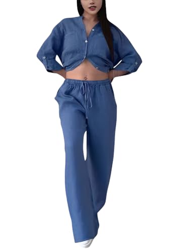 shownicer Leinenanzug Damen Zweiteiler Leinen Outfit Lounge Set Hose Und Langarmshirts 2 Teiler Anzug Set Elegant Freizeitanzug Casual Hausanzug A Dunkelblau L von shownicer