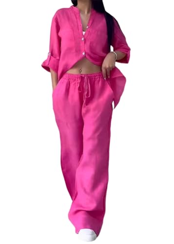 shownicer Leinenanzug Damen Zweiteiler Leinen Outfit Lounge Set Hose Und Langarmshirts 2 Teiler Anzug Set Elegant Freizeitanzug Casual Hausanzug A Dunkelpink XS von shownicer
