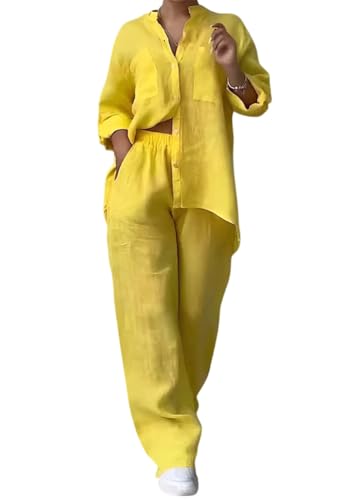 shownicer Leinenanzug Damen Zweiteiler Leinen Outfit Lounge Set Hose Und Langarmshirts 2 Teiler Anzug Set Elegant Freizeitanzug Casual Hausanzug A Gelb S von shownicer