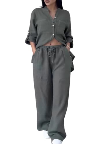 shownicer Leinenanzug Damen Zweiteiler Leinen Outfit Lounge Set Hose Und Langarmshirts 2 Teiler Anzug Set Elegant Freizeitanzug Casual Hausanzug A Grau M von shownicer