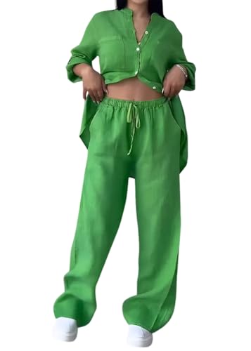 shownicer Leinenanzug Damen Zweiteiler Leinen Outfit Lounge Set Hose Und Langarmshirts 2 Teiler Anzug Set Elegant Freizeitanzug Casual Hausanzug A Grün XL von shownicer