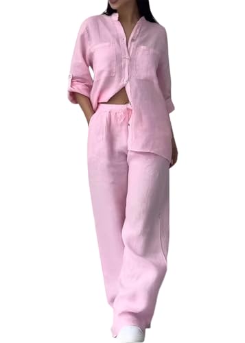 shownicer Leinenanzug Damen Zweiteiler Leinen Outfit Lounge Set Hose Und Langarmshirts 2 Teiler Anzug Set Elegant Freizeitanzug Casual Hausanzug A Hell-Pink XS von shownicer