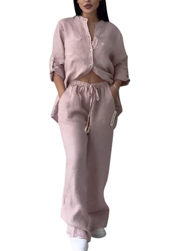 shownicer Leinenanzug Damen Zweiteiler Leinen Outfit Lounge Set Hose Und Langarmshirts 2 Teiler Anzug Set Elegant Freizeitanzug Casual Hausanzug A Rosa XS von shownicer