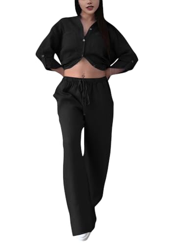 shownicer Leinenanzug Damen Zweiteiler Leinen Outfit Lounge Set Hose Und Langarmshirts 2 Teiler Anzug Set Elegant Freizeitanzug Casual Hausanzug A Schwarz L von shownicer