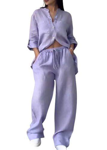 shownicer Leinenanzug Damen Zweiteiler Leinen Outfit Lounge Set Hose Und Langarmshirts 2 Teiler Anzug Set Elegant Freizeitanzug Casual Hausanzug A Violett M von shownicer