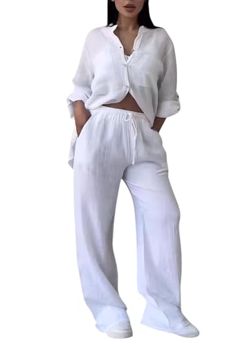 shownicer Leinenanzug Damen Zweiteiler Leinen Outfit Lounge Set Hose Und Langarmshirts 2 Teiler Anzug Set Elegant Freizeitanzug Casual Hausanzug A Weiß S von shownicer