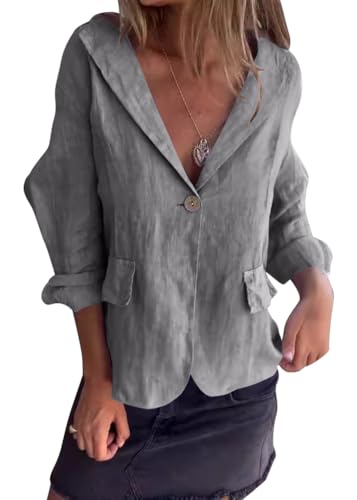 shownicer Leinenblazer Damen Leicht Leinen Blazer Sommerjacke Tailliert Sommer Übergangsjacke Elegant 3/4 Ärmel Anzugjacke Blazerjacken Knöpfe Sakko Hemdjacke Leinen Jacke A Grau XXL von shownicer