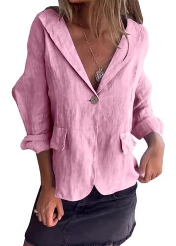 shownicer Leinenblazer Damen Leicht Leinen Blazer Sommerjacke Tailliert Sommer Übergangsjacke Elegant 3/4 Ärmel Anzugjacke Blazerjacken Knöpfe Sakko Hemdjacke Leinen Jacke A Rosa 3XL von shownicer