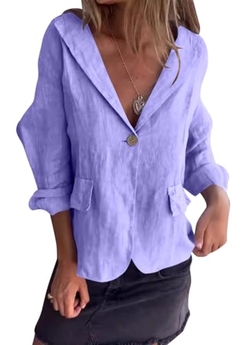 shownicer Leinenblazer Damen Leicht Leinen Blazer Sommerjacke Tailliert Sommer Übergangsjacke Elegant 3/4 Ärmel Anzugjacke Blazerjacken Knöpfe Sakko Hemdjacke Leinen Jacke A Violett XL von shownicer