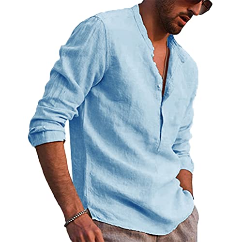 shownicer Leinenhemd Herren Hemd Langarm Sommerhemd Regular Fit Freizeithemd Shirts Leicht Strand Hemd Button-down Casual Oberteile A Hellblau XS von shownicer
