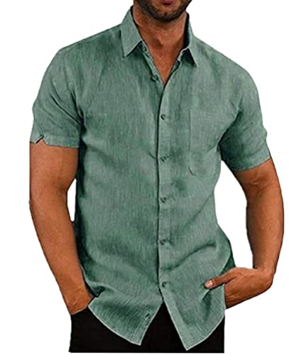 shownicer Leinenhemd Herren Kurzarm Hemd Sommerhemd Sommer Casual Regular Fit Freizeithemd Einfarbig Basic Shirt Kurzarmhemd Businesshemd Männer A Grün 3XL von shownicer