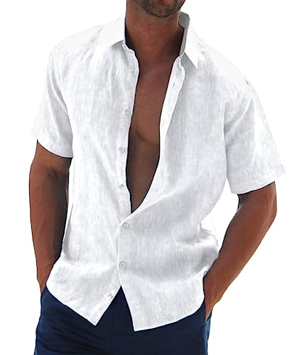 shownicer Leinenhemd Herren Kurzarm Hemd Sommerhemd Sommer Casual Regular Fit Freizeithemd Einfarbig Basic Shirt Kurzarmhemd Businesshemd Männer B Weiß L von shownicer