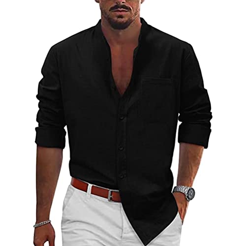 shownicer Leinenhemd Herren Sommer Strand Hemd Freizeithemd Casual Leinen Bluse Langarm Shirts Regular Fit Western Hemden Langarmhemd mit Brusttasche A Schwarz XXL von shownicer