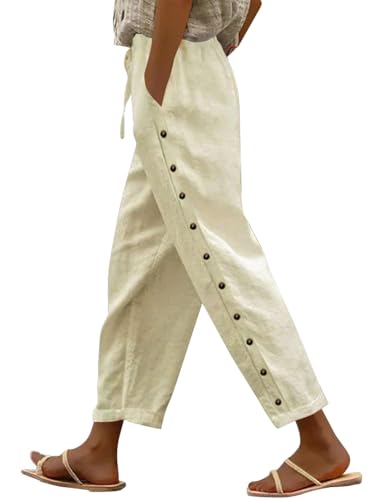 shownicer Leinenhose Damen 7/8 Lang Sommerhose Baumwolle Leinen Freizeithose Lässige Einfarbig Stoffhose Loose Fit Strandhose Schlupfhose mit Taschen A Aprikose XXL von shownicer