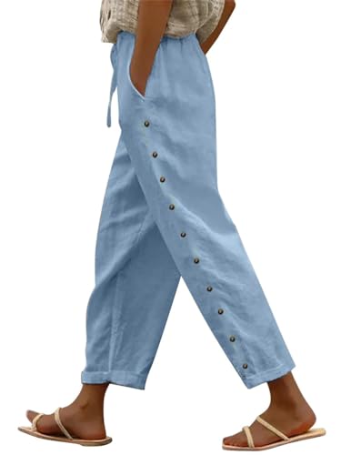 shownicer Leinenhose Damen 7/8 Lang Sommerhose Baumwolle Leinen Freizeithose Lässige Einfarbig Stoffhose Loose Fit Strandhose Schlupfhose mit Taschen A Blau M von shownicer