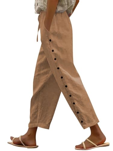 shownicer Leinenhose Damen 7/8 Lang Sommerhose Baumwolle Leinen Freizeithose Lässige Einfarbig Stoffhose Loose Fit Strandhose Schlupfhose mit Taschen A Braun XXL von shownicer