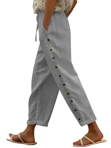shownicer Leinenhose Damen 7/8 Lang Sommerhose Baumwolle Leinen Freizeithose Lässige Einfarbig Stoffhose Loose Fit Strandhose Schlupfhose mit Taschen A Hellgrau S von shownicer