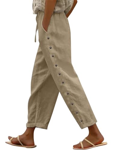 shownicer Leinenhose Damen 7/8 Lang Sommerhose Baumwolle Leinen Freizeithose Lässige Einfarbig Stoffhose Loose Fit Strandhose Schlupfhose mit Taschen A Khaki L shownicer Leinenhose Damen 7/8 Lang Sommerhose Baumwolle Leinen Freizeithose Lässige Einfarbig Stoffhose Loose Fit Strandhose Schlupfhose mit Taschen A Khaki L von shownicer