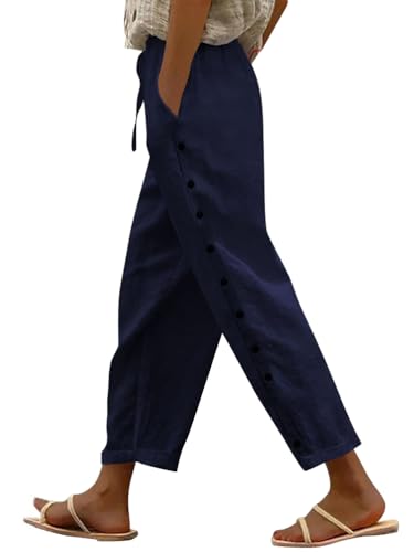 shownicer Leinenhose Damen 7/8 Lang Sommerhose Baumwolle Leinen Freizeithose Lässige Einfarbig Stoffhose Loose Fit Strandhose Schlupfhose mit Taschen A Marine XL von shownicer