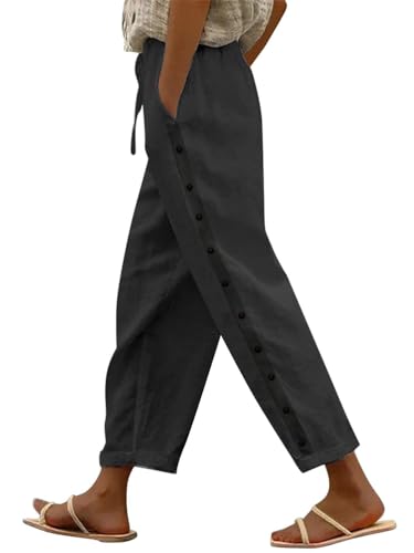 shownicer Leinenhose Damen 7/8 Lang Sommerhose Baumwolle Leinen Freizeithose Lässige Einfarbig Stoffhose Loose Fit Strandhose Schlupfhose mit Taschen A Schwarz XL von shownicer
