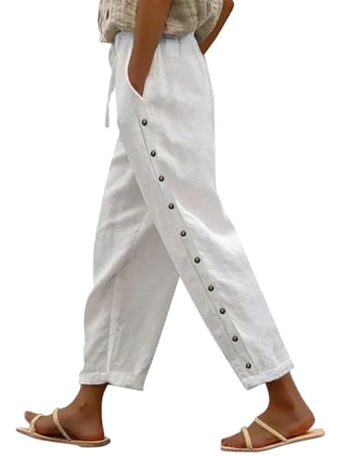 shownicer Leinenhose Damen 7/8 Lang Sommerhose Baumwolle Leinen Freizeithose Lässige Einfarbig Stoffhose Loose Fit Strandhose Schlupfhose mit Taschen A Weiß S von shownicer