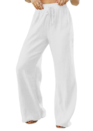 shownicer Leinenhose Damen Hose Sommer Freizeit Hosen Lang Locker Sommerhose Casual Einfarbig Leinen Hose Gerades Bein Bequeme Stoffhose Leicht Strandhose mit Kordelzug und Taschen A Weiß XS von shownicer