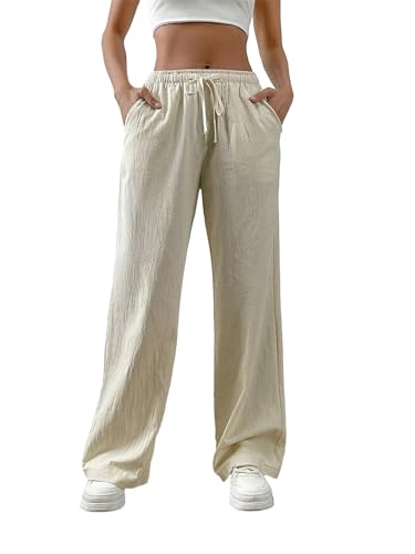 shownicer Damen Leinenhose Sommer Musselin Hosen Stoffhose Einfarbig Freizeithose Gerade Geschnitten Hose Sommerhose Strandhose Mit Taschen A Aprikose S von shownicer