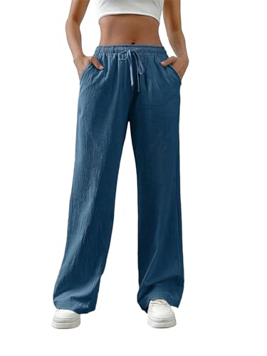 shownicer Damen Leinenhose Sommer Musselin Hosen Stoffhose Einfarbig Freizeithose Gerade Geschnitten Hose Sommerhose Strandhose Mit Taschen A Blau M von shownicer