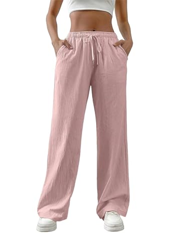 shownicer Damen Leinenhose Sommer Musselin Hosen Stoffhose Einfarbig Freizeithose Gerade Geschnitten Hose Sommerhose Strandhose Mit Taschen A Rosa XS von shownicer