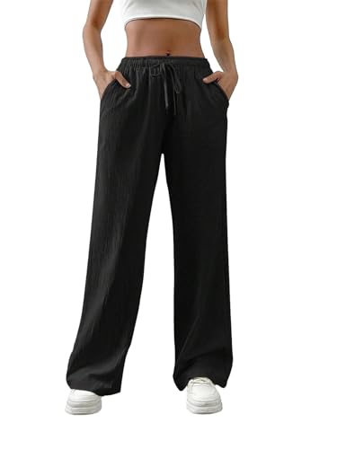 shownicer Damen Leinenhose Sommer Musselin Hosen Stoffhose Einfarbig Freizeithose Gerade Geschnitten Hose Sommerhose Strandhose Mit Taschen A Schwarz XL von shownicer