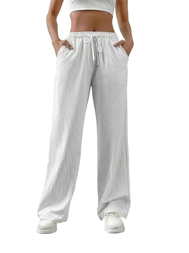 shownicer Damen Leinenhose Sommer Musselin Hosen Stoffhose Einfarbig Freizeithose Gerade Geschnitten Hose Sommerhose Strandhose Mit Taschen A Weiß XS von shownicer