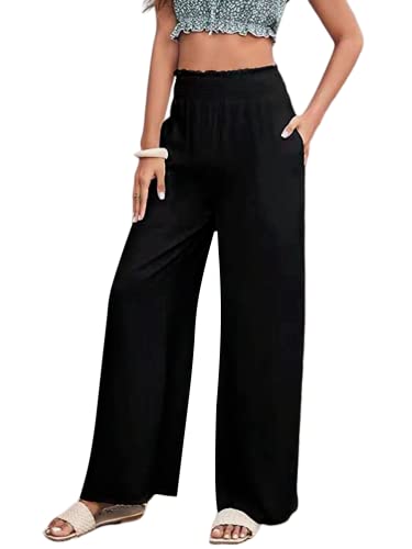 shownicer Leinenhose Damen Lang Weites Bein High Waist Sommerhose Strandhose Elegant Stretch Bequem Stoff Leinen Hose Einfarbig Leicht Luftig Locker Freizeithose Schlupfhose Stoffhose B Schwarz XL von shownicer