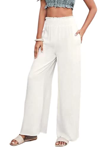 shownicer Leinenhose Damen Lang Weites Bein High Waist Sommerhose Strandhose Elegant Stretch Bequem Stoff Leinen Hose Einfarbig Leicht Luftig Locker Freizeithose Schlupfhose Stoffhose B Weiß XS von shownicer