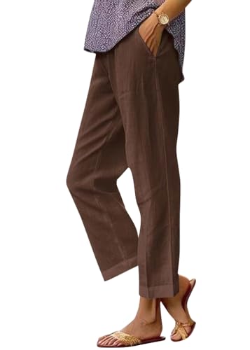 shownicer Leinenhose Damen Leicht Sommerhose 7/8 Lang Elastisch Sommer Hose High Waist Strandhose Elegant Stoffhose Luftig Freizeithose mit Taschen A Braun L von shownicer