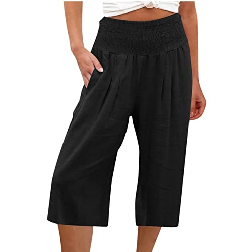 shownicer Leinenhose Damen Sommer 3/4 Hose Caprihose Leicht Straight Leg Einfarbig Loose Freizeithose Elastischer Bund Bequeme Strandhose Stoffhose Atmungsaktive Pants mit Taschen C Schwarz L von shownicer