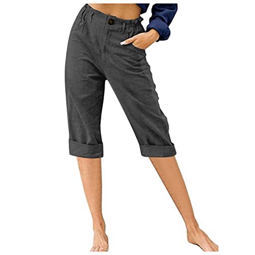 shownicer Leinenhose Damen Sommer Capri Sommerhose 7/8 Stoffhose Damen Elegant Einfarbig Jogginghose Yogahose Mit Gummizug Caprihose Strandhosen Freizeithose A Dunkelgrau M von shownicer