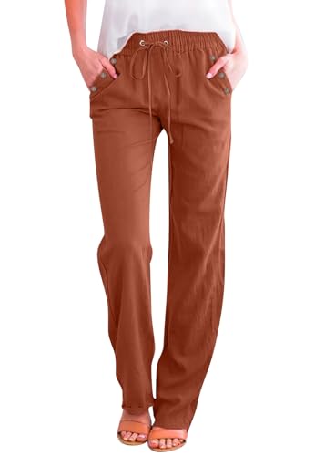 shownicer Leinenhose Damen Sommer Casual Leinen Stoffhose Einfarbig Freizeithose Stretch Leicht Leinenhose Straight Leg Hose Sommerhose Strandhose High Waist Hose mit Taschen A Dunkelorange S von shownicer