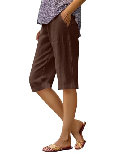 shownicer Leinenhose Damen Sommer Knielang Kurze Hosen Leicht und Luftig Locker Hohe Taille Caprihose Elastisch Einfarbig Strandhose Stoffhose mit Taschen A Braun XL von shownicer