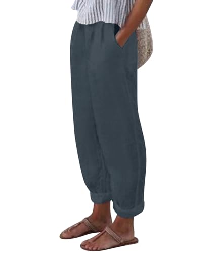 shownicer Leinenhose Damen Sommer Lang Leichte Freizeithose Loose Fit Haremshose Bequem Stoffhose mit Tasche Frauen Lässige Bedruckt Sommerhose Strandhose 7/8 Lang Weites Bein Hosen A Grau L von shownicer