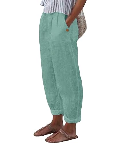 shownicer Leinenhose Damen Sommer Lang Leichte Freizeithose Loose Fit Haremshose Bequem Stoffhose mit Tasche Frauen Lässige Bedruckt Sommerhose Strandhose 7/8 Lang Weites Bein Hosen A Hellblau XS von shownicer