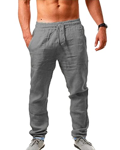 shownicer Leinenhosen Herren Freizeithose Lang Leichte Sommerhose Loose Fit Strandhose Lässige Leinen Hosen mit Seitentaschen für Urlaub Strand Alltag A Grau XS von shownicer