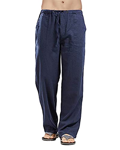 shownicer Leinenhosen Herren Freizeithose Lang Leichte Sommerhose Loose Fit Strandhose Lässige Leinen Hosen mit Seitentaschen für Urlaub Strand Alltag B Navy L von shownicer