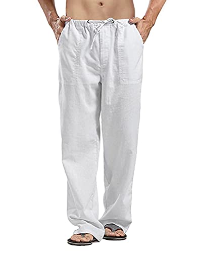 shownicer Leinenhosen Herren Freizeithose Lang Leichte Sommerhose Loose Fit Strandhose Lässige Leinen Hosen mit Seitentaschen für Urlaub Strand Alltag B Weiß 3XL von shownicer