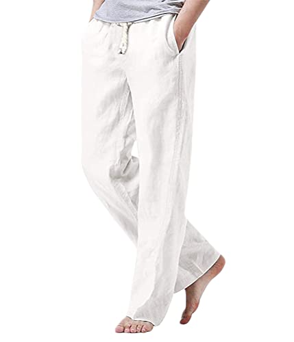 shownicer Leinenhosen Herren Freizeithose Lang Leichte Sommerhose Loose Fit Strandhose Lässige Leinen Hosen mit Seitentaschen für Urlaub Strand Alltag C Weiß L von shownicer