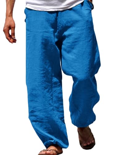 shownicer Leinenhosen Herren Freizeithose Lang Leichte Sommerhose Strandhose Leinen Kurze Hosen Herren Lässige Freizeithose mit Seitentaschen A Blau L von shownicer
