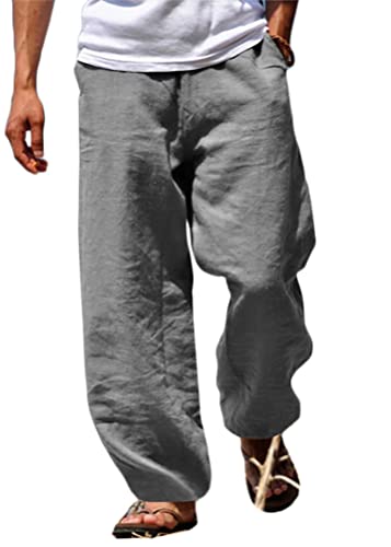 shownicer Leinenhosen Herren Freizeithose Lang Leichte Sommerhose Strandhose Leinen Kurze Hosen Herren Lässige Freizeithose mit Seitentaschen C Grau 3XL von shownicer