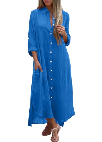 shownicer Leinenkleid Damen Blusenkleid V-Ausschnitt Langarm Freizeitkleid Casual Einfarbig Leinen Maxikleid Knopfleiste Shirtkleider mit Taschen Großen Größen A Dunkelblau XL von shownicer