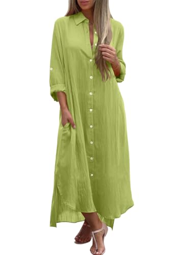 shownicer Leinenkleid Damen Blusenkleid V-Ausschnitt Langarm Freizeitkleid Casual Einfarbig Leinen Maxikleid Knopfleiste Shirtkleider mit Taschen Großen Größen A Hellgrün 3XL von shownicer